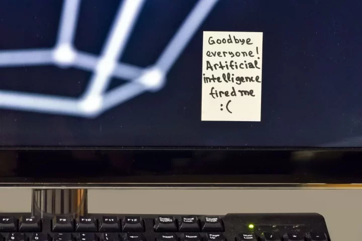 Computer screen with a note saying 'Goodbye everyone! Artificial intelligence fired me.'